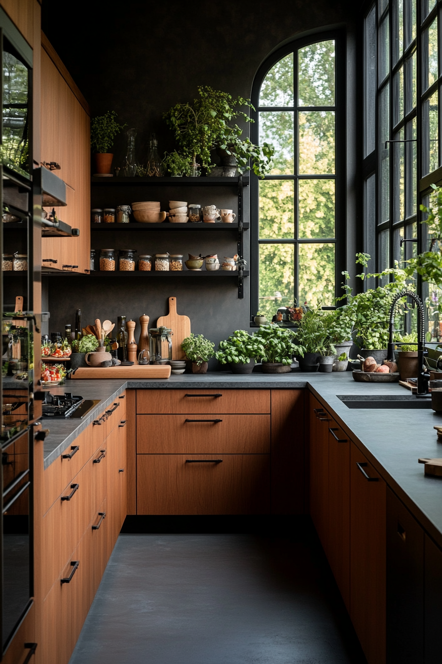 Natural wood countertops in an industrial kitchen