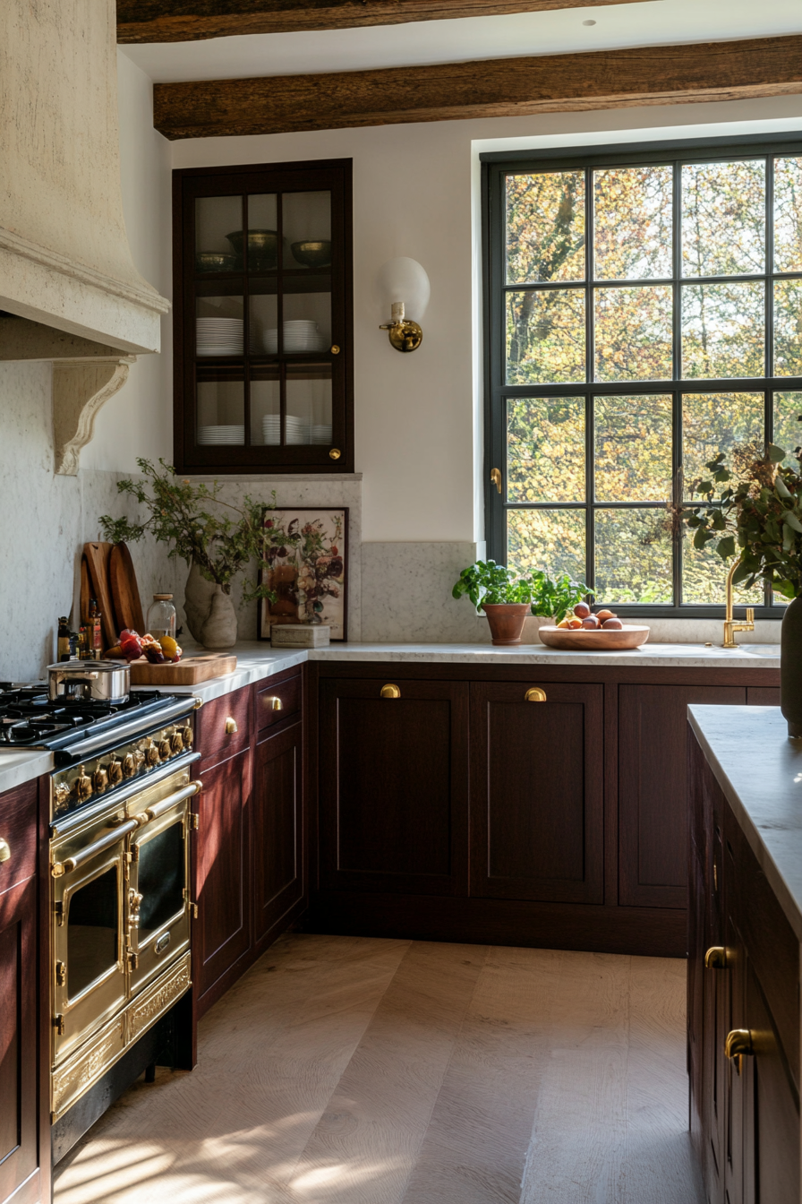 Dark wooden cabinets with brass handles