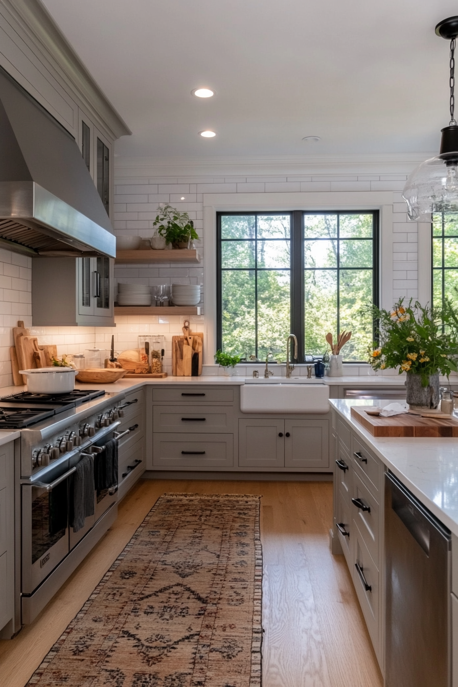 Gray transitional cabinets with stainless steel appliances