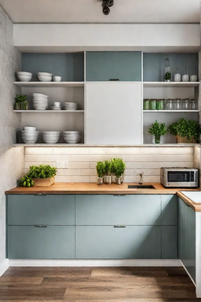 Modern small kitchen with high gloss cabinets, integrated waterfall countertop and statement lighting