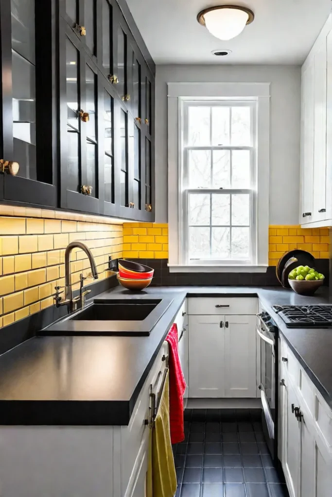 Modern, minimalist small kitchen with white cabinets, quartz countertops, integrated appliances and sleek chrome hardware