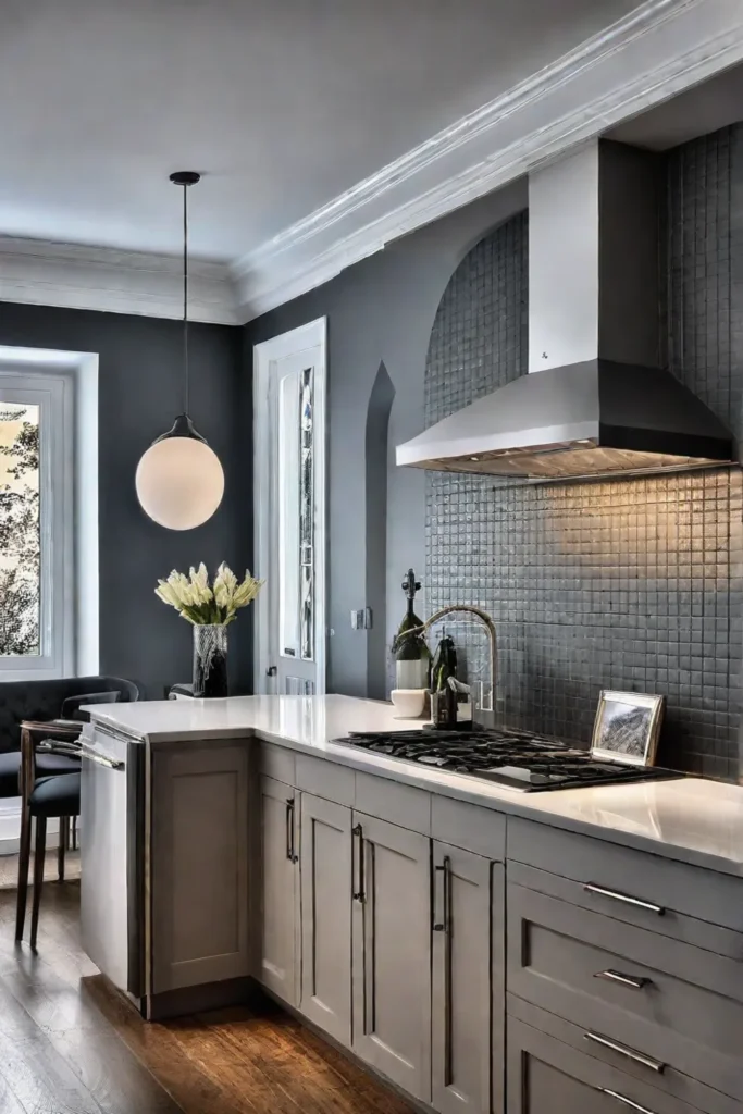 Small coastal-style kitchen with whitewashed cabinets, light blue countertops, open shelving with nautical decor, and a large window overlooking the ocean