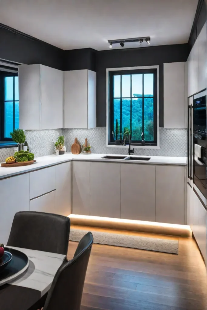 Mediterranean-inspired small kitchen with terracotta tile floors, mosaic tile backsplash, wrought iron accents, and warm wood cabinets