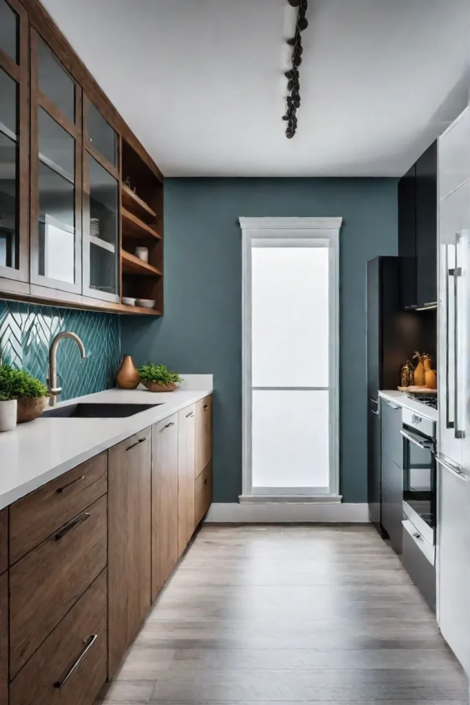 Eclectic small kitchen with a mix of vintage and modern elements with colorful cabinets, patterned backsplashes and unique lighting fixtures