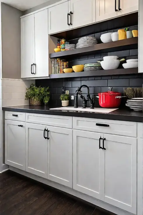 Small kitchen with a bohemian feel, brightly painted cabinets, patterned tile floors and open shelves with vintage tableware