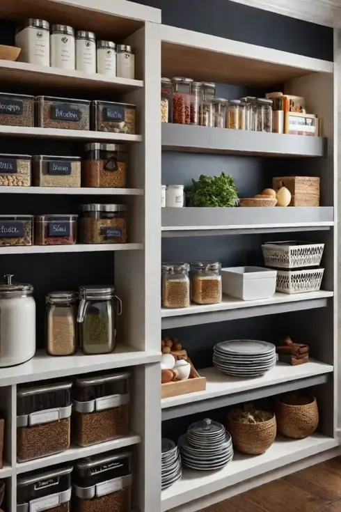 Small kitchen designed for guests with a breakfast bar with bar stools, open shelving with glassware and mood lighting