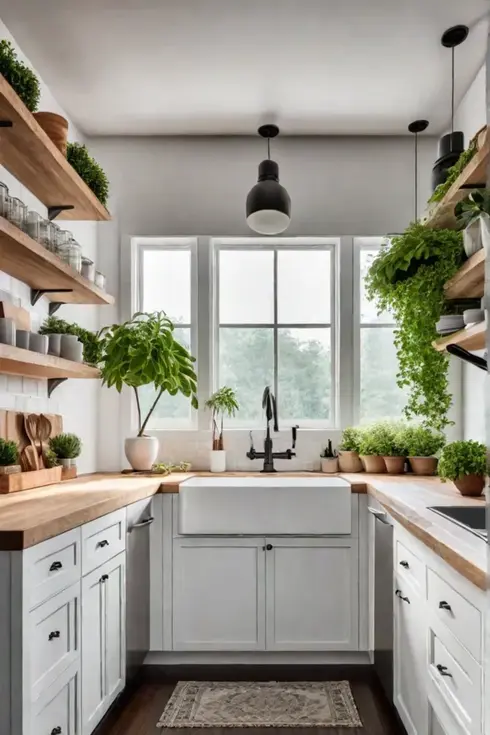 Small kitchen in a minimalist Scandinavian design with light wooden cabinets, black countertops and geometric pendant lights