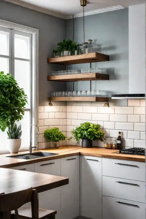 Rustic small kitchen with reclaimed wood cabinets, farmhouse sink, vintage pendant lights and exposed beams