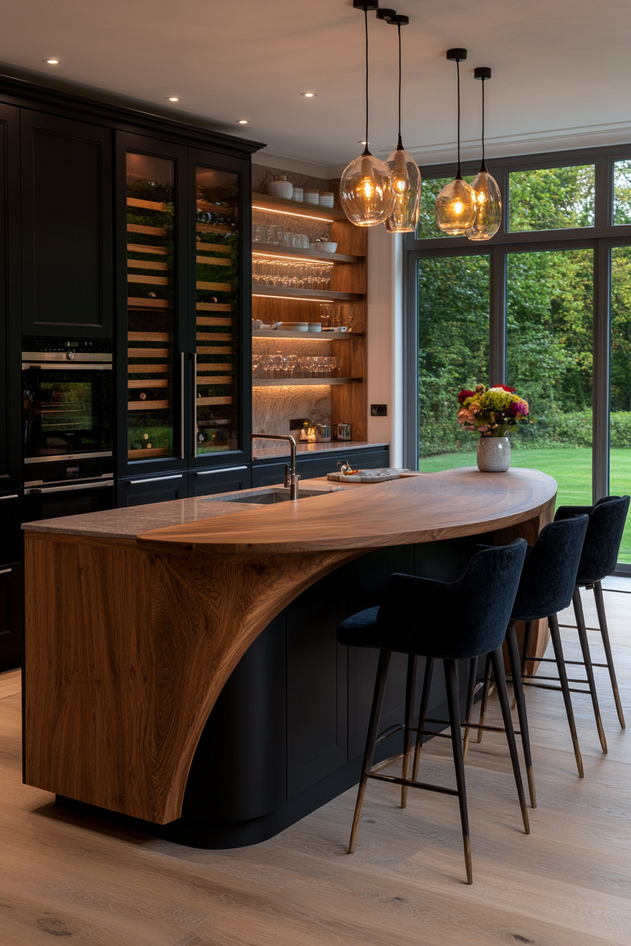 Curved kitchen island with open shelves