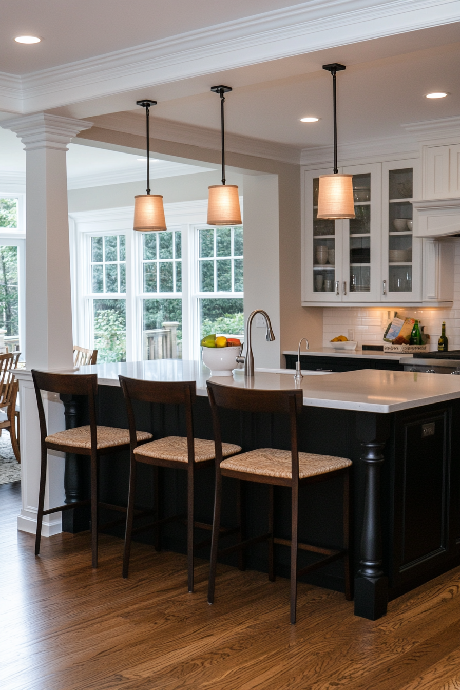 Kitchen island with columns and open shelves