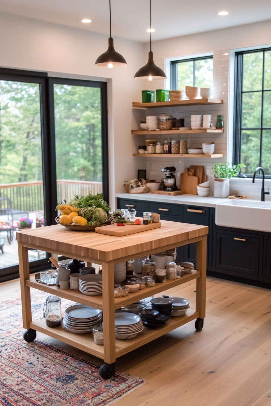 Mobile kitchen island with open shelves