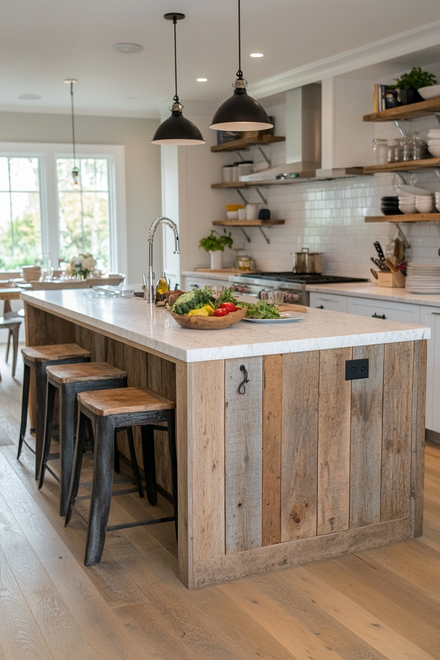 Rustic kitchen island with open shelves