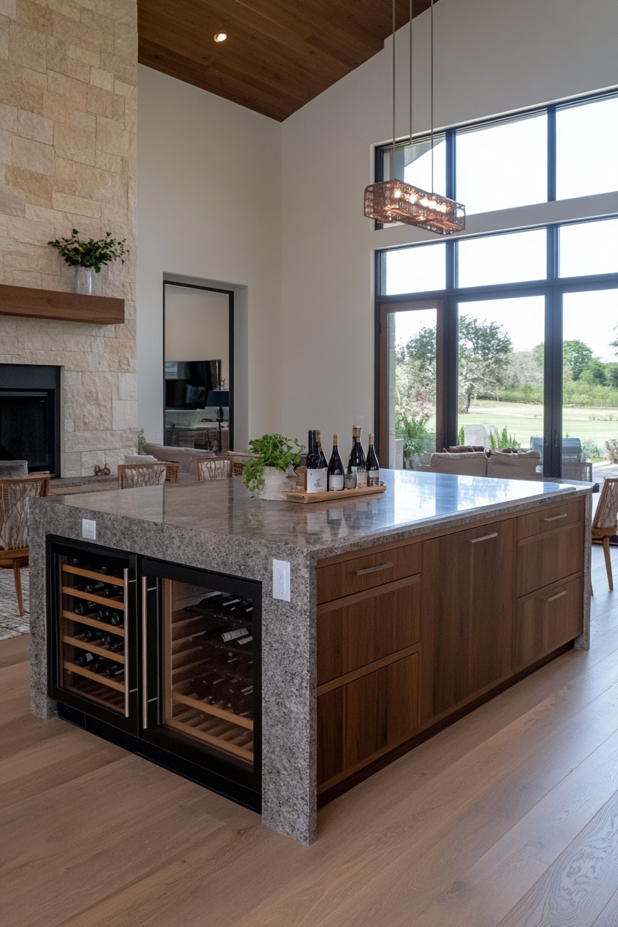 Kitchen island with wine fridge and shelves