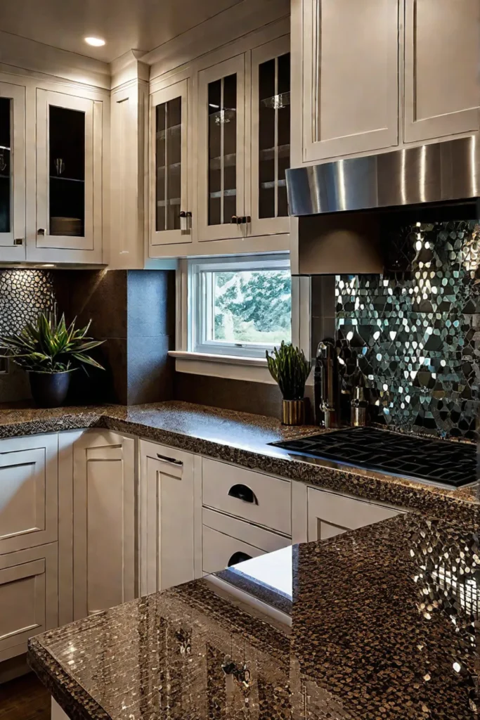 Metal tile backsplash in a compact kitchen