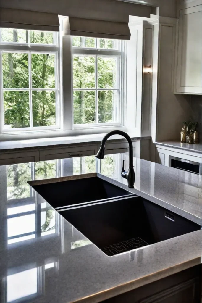 Quartz countertop and designer fittings in a small kitchen