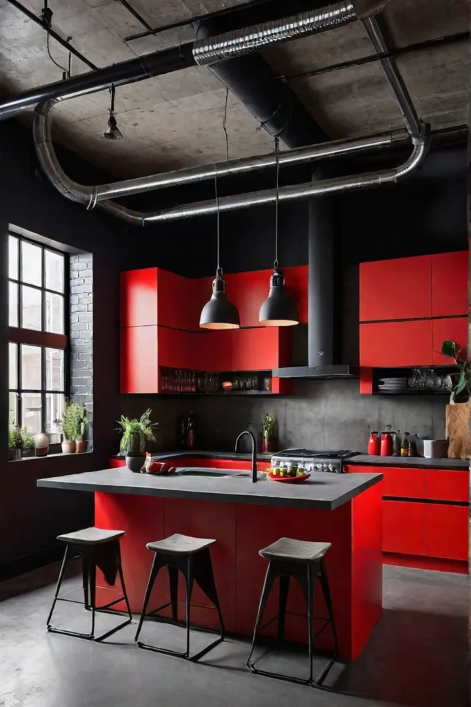 Exposed brick and metal accents paired with a bright red backsplash