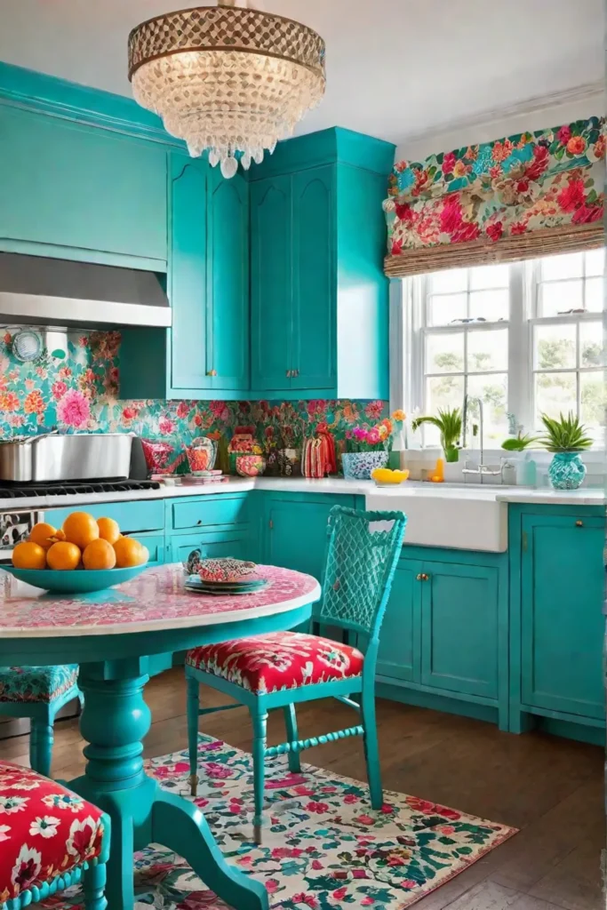 Eclectic kitchen with bold patterns and bright colors