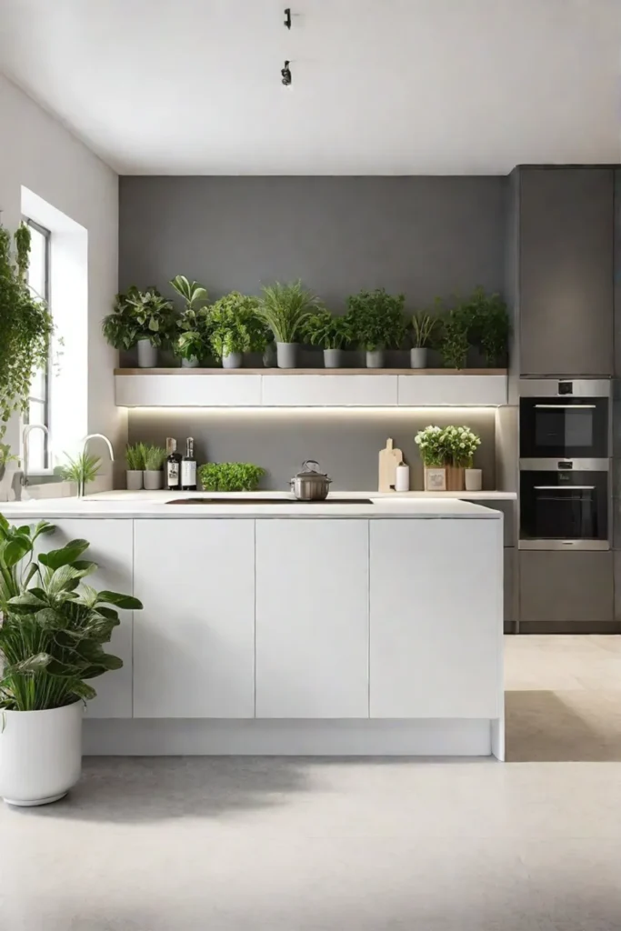 Minimalist kitchen with white and gray color scheme and green accents