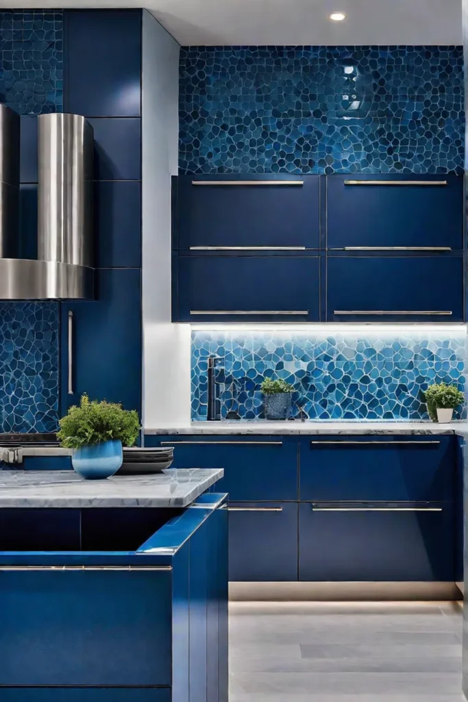 The blue color palette creates a calming atmosphere in a modern kitchen