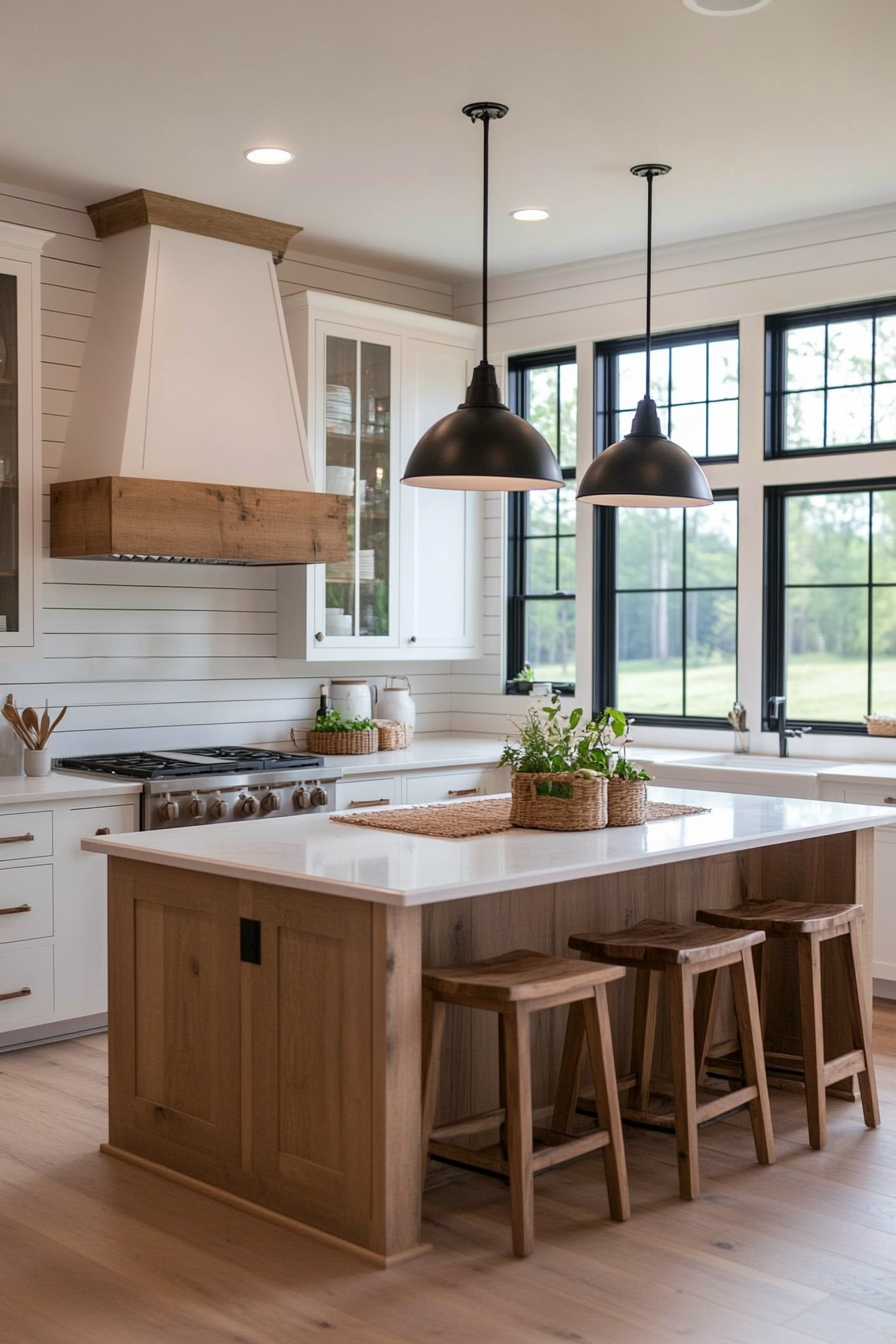 Industrial lights in a modern farmhouse kitchen