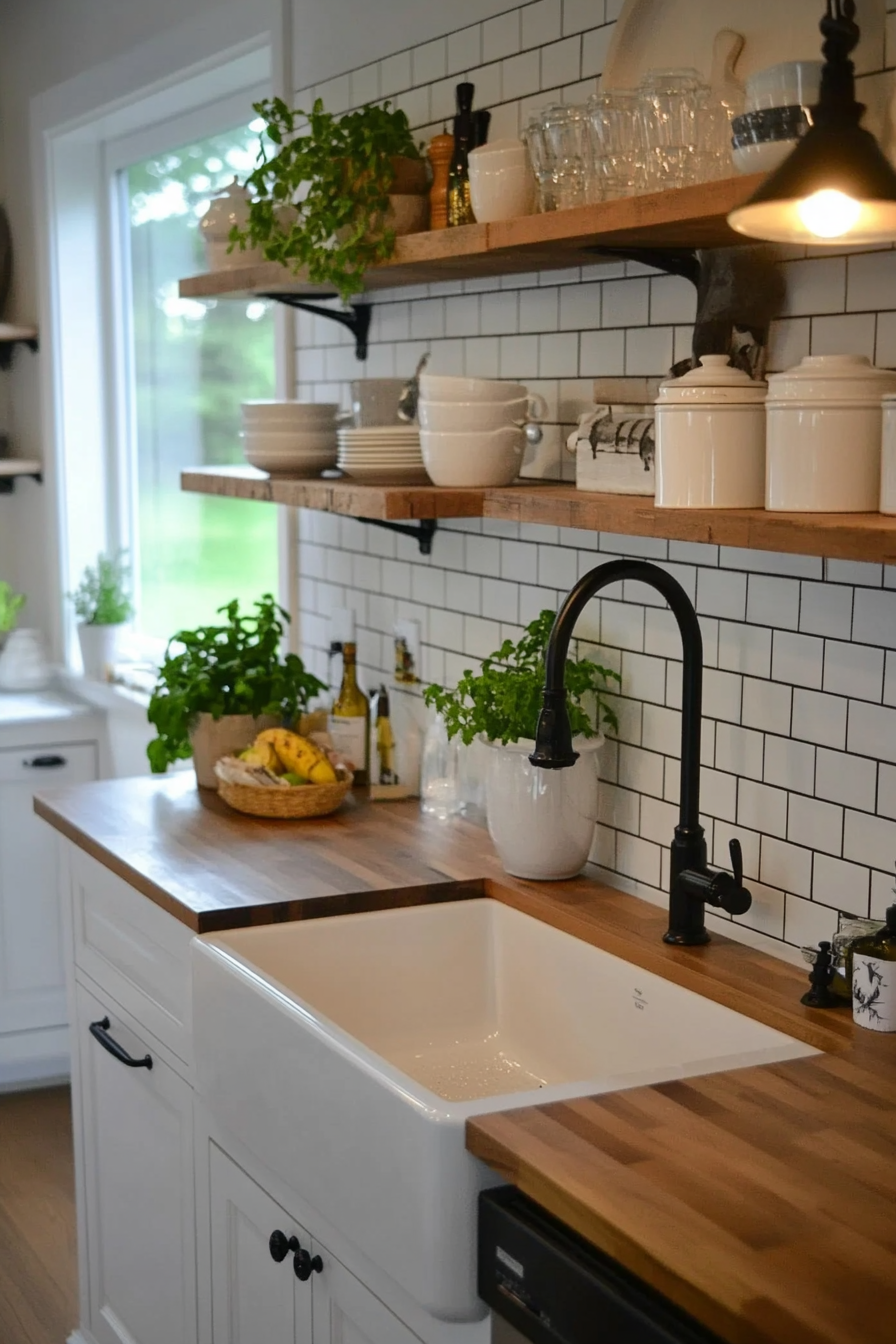 Back wall made of white subway tiles