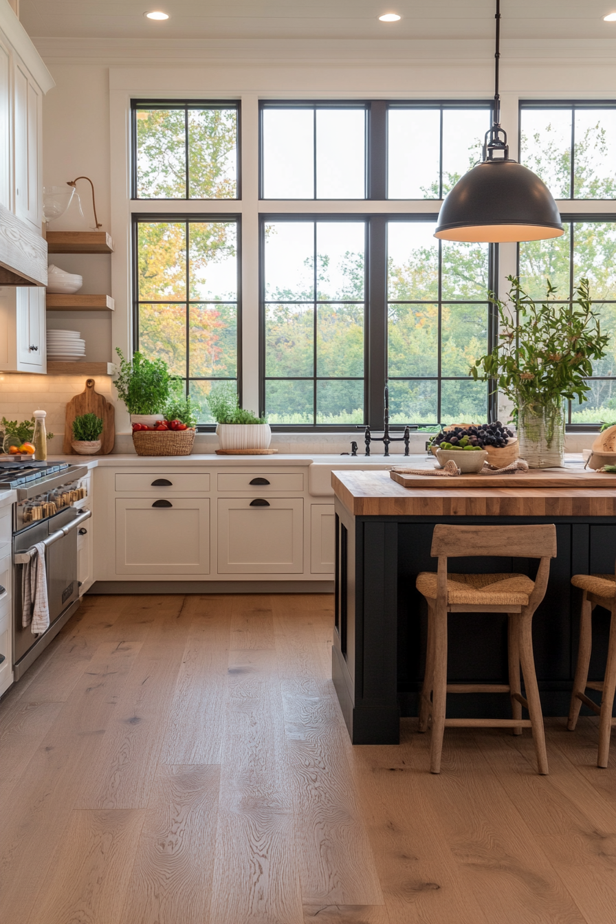 Wide-plank hardwood floors in a farmhouse kitchen