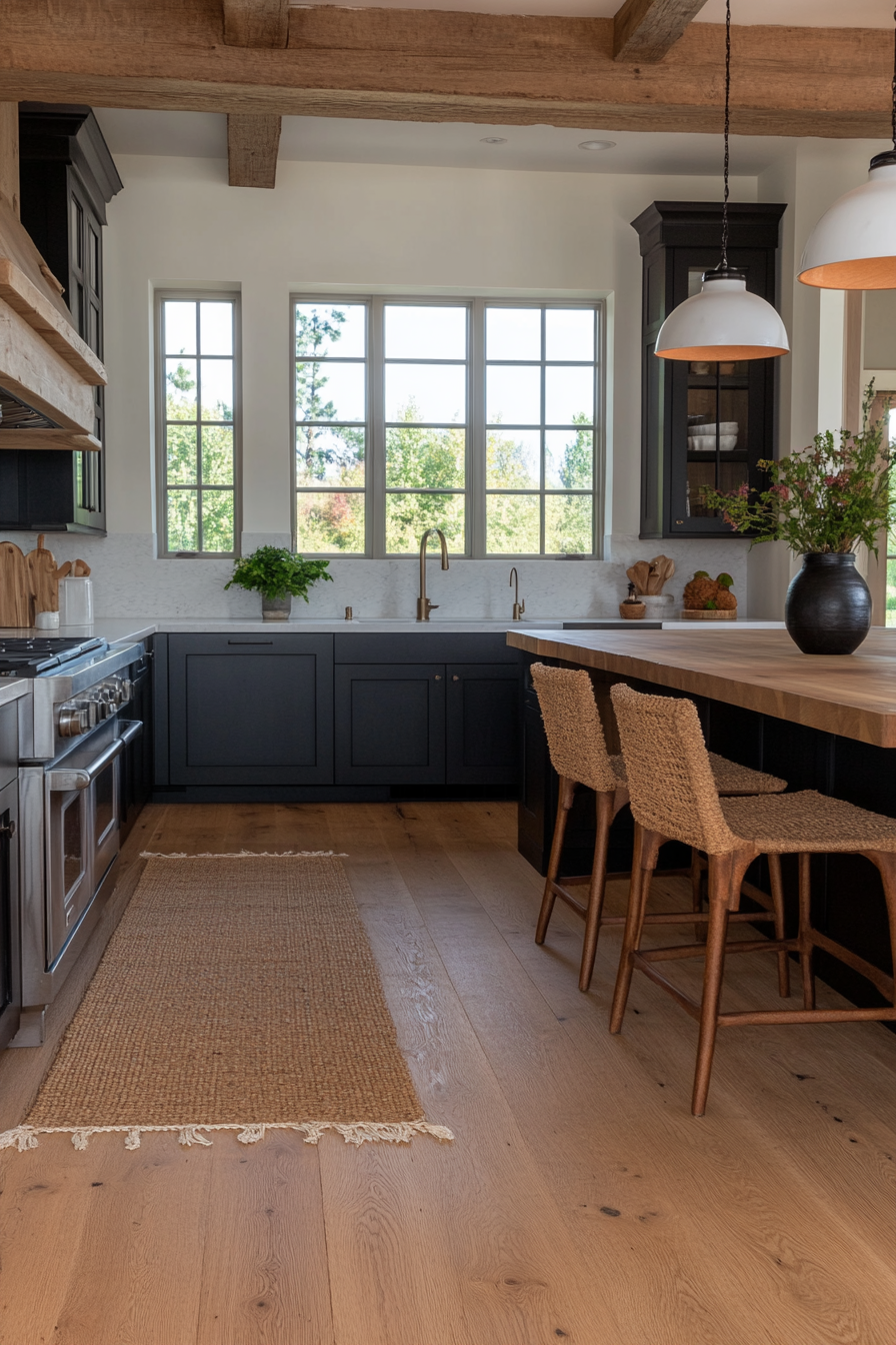 Wide-plank hardwood floors in a farmhouse kitchen