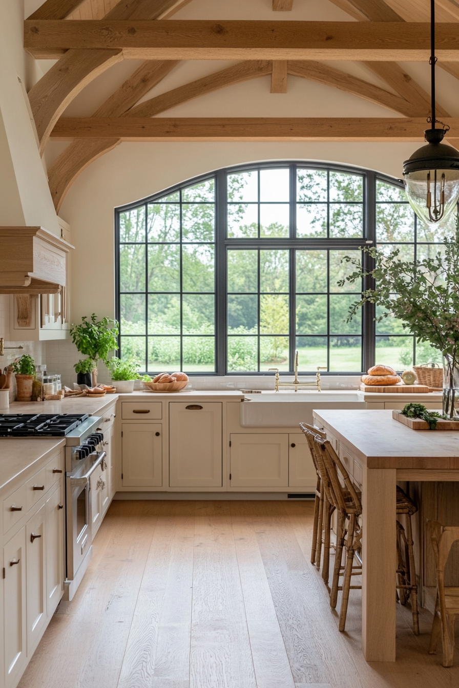 Exposed wooden beams in a farmhouse kitchen