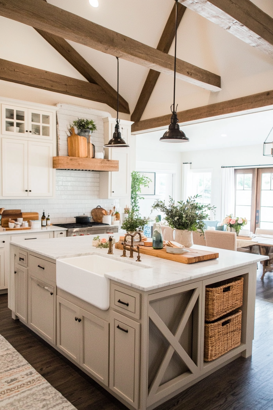 Exposed wooden beams in a farmhouse kitchen