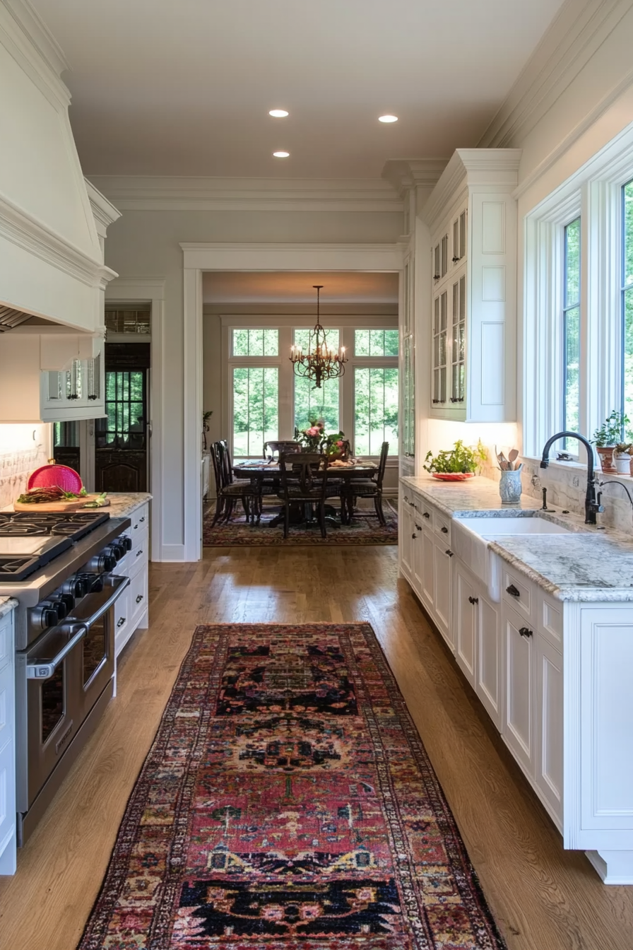 Antique white cabinets with ornate details and distressed finishes