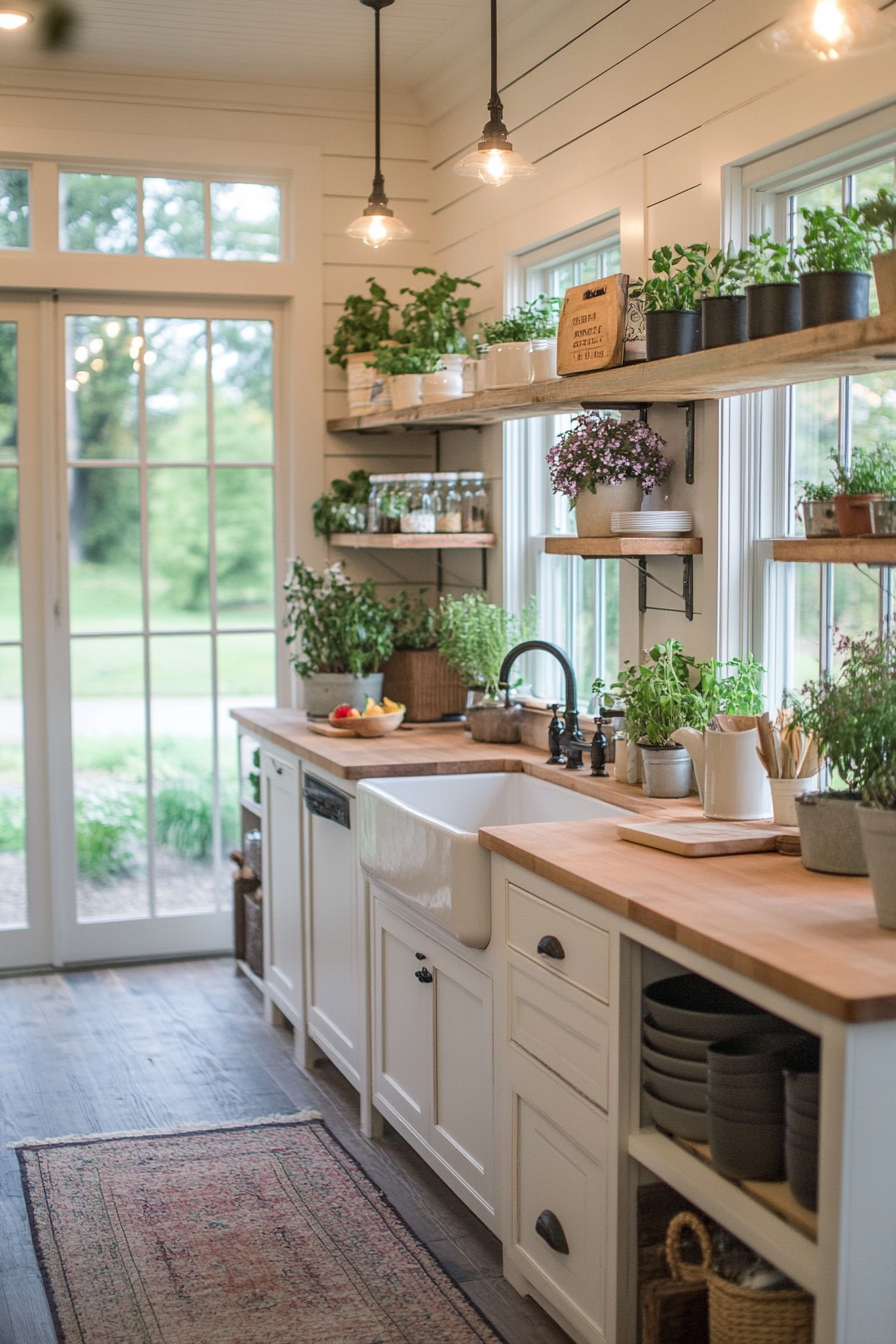 White distressed farmhouse style cabinets with beadboard panels