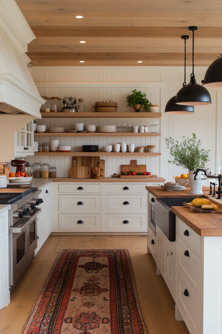 White distressed farmhouse style cabinets with beadboard panels