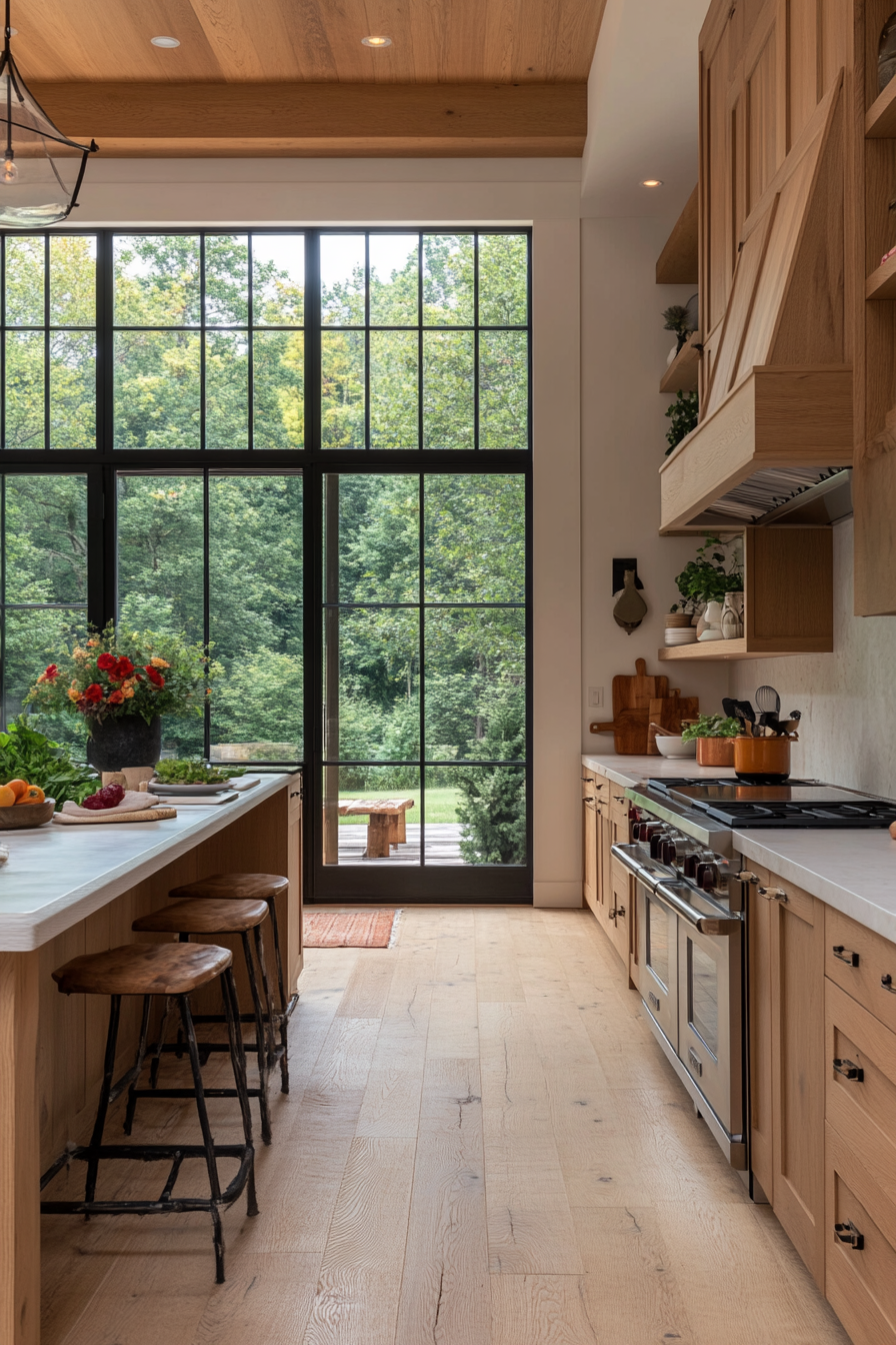 White oak cabinets with distinct grain patterns and white finish