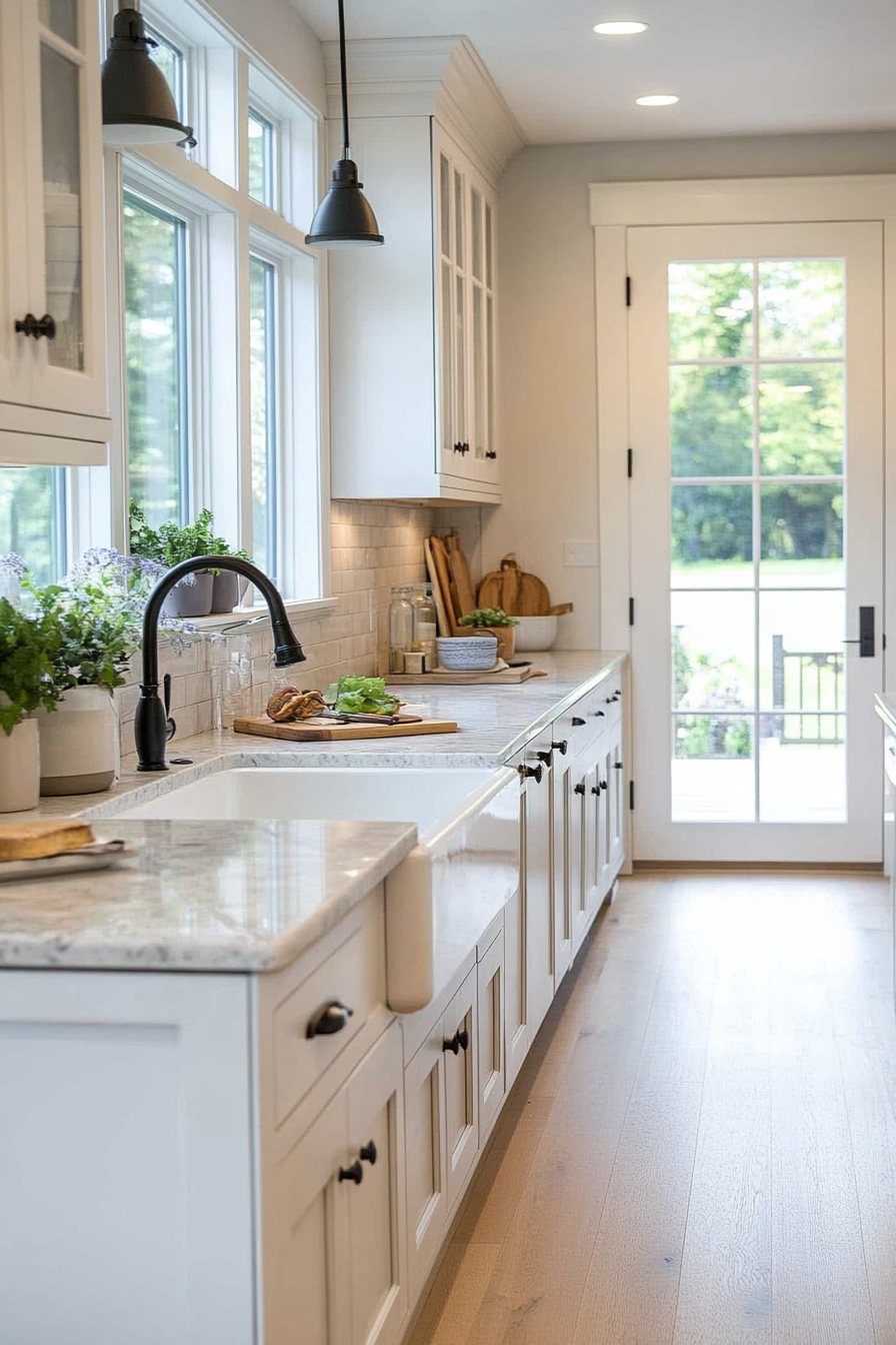 Antique white cabinets with ornate details and distressed-look finishes