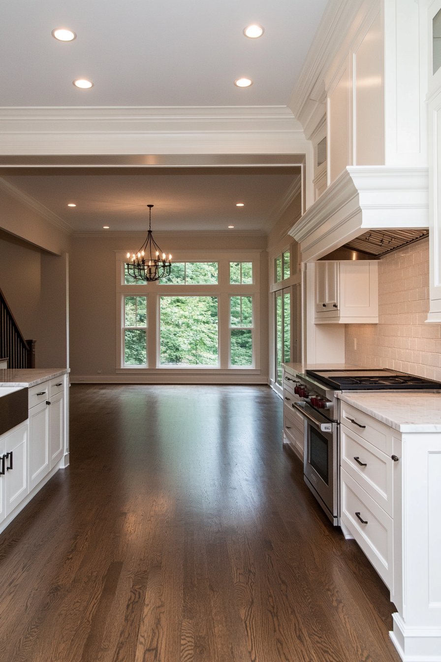 Traditional white cabinets with raised panel doors and intricate trim