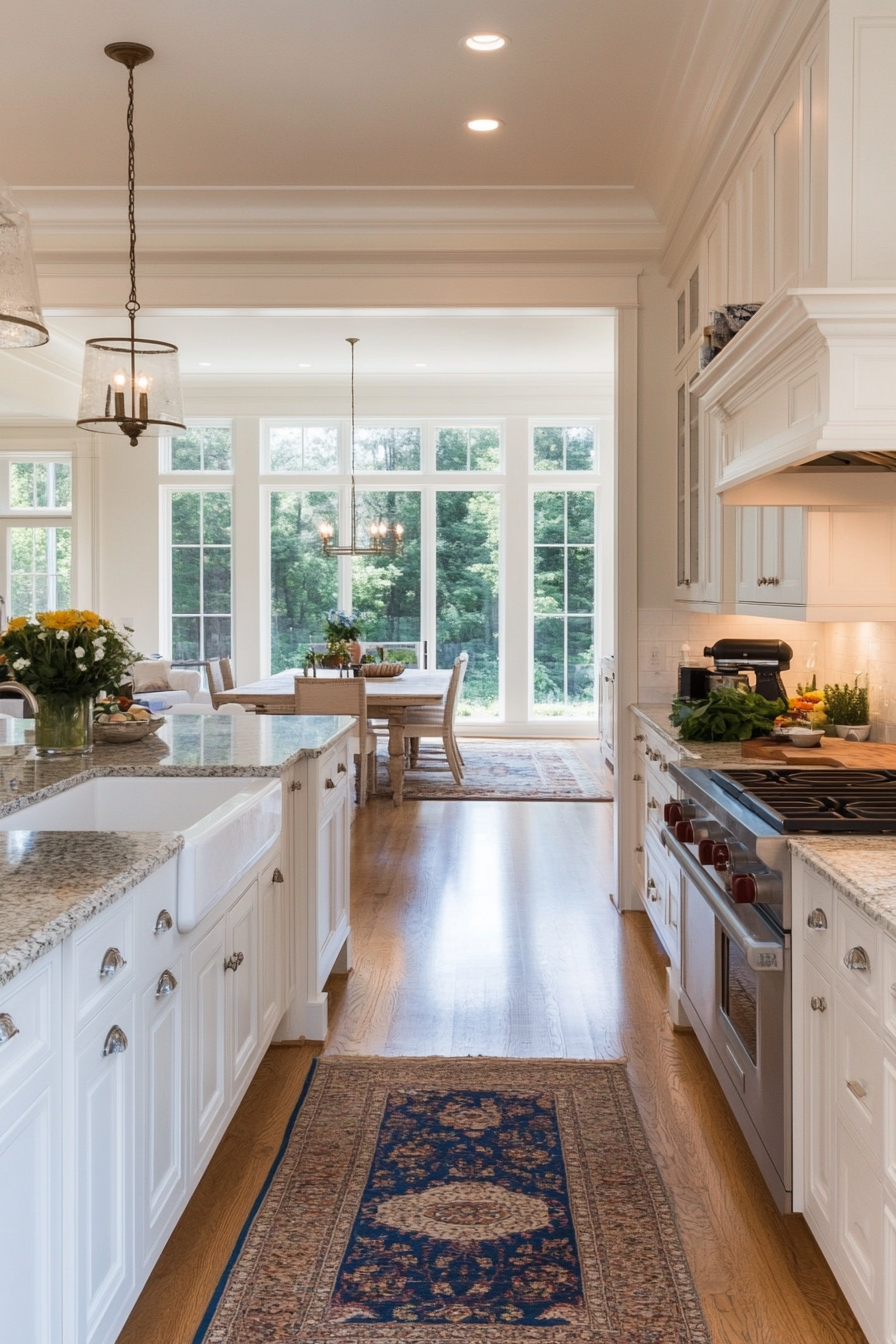 Traditional white cabinets with raised panel doors and intricate trim