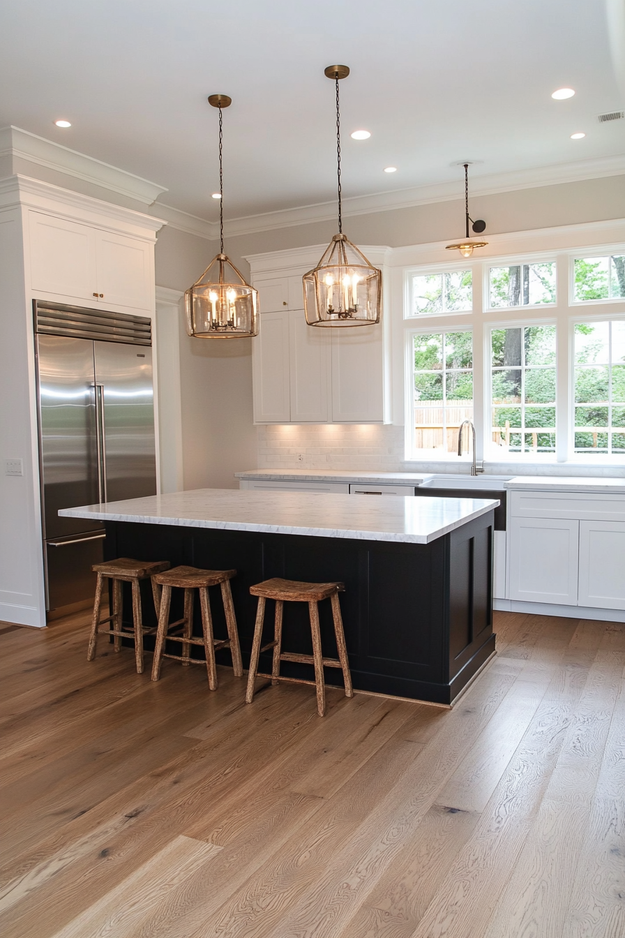 Two-tone cabinets with white upper cabinets and darker lower cabinets