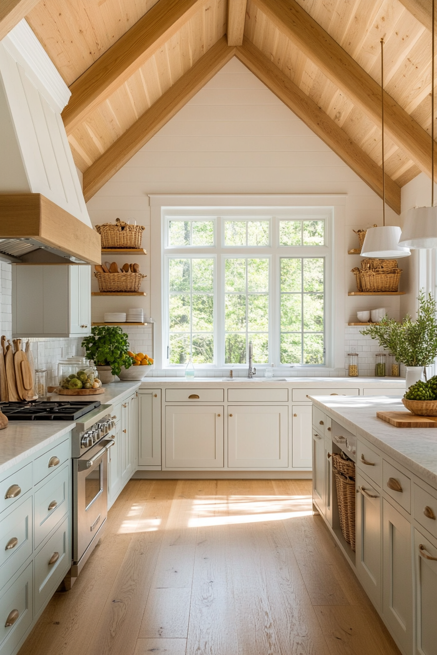 Coastal white cabinets with beadboard panels and light, airy colors