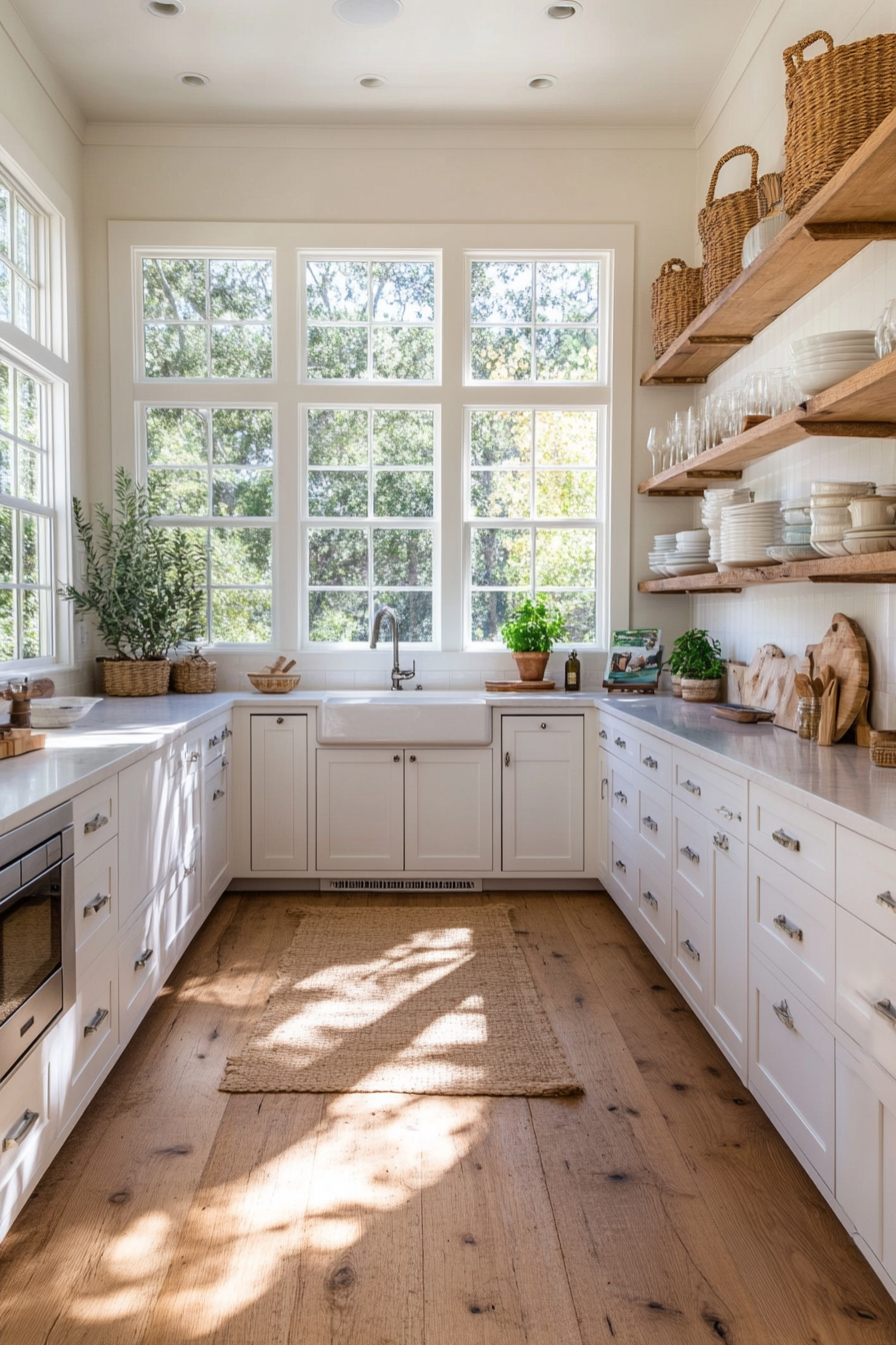 Coastal white cabinets with beadboard panels and light, airy colors