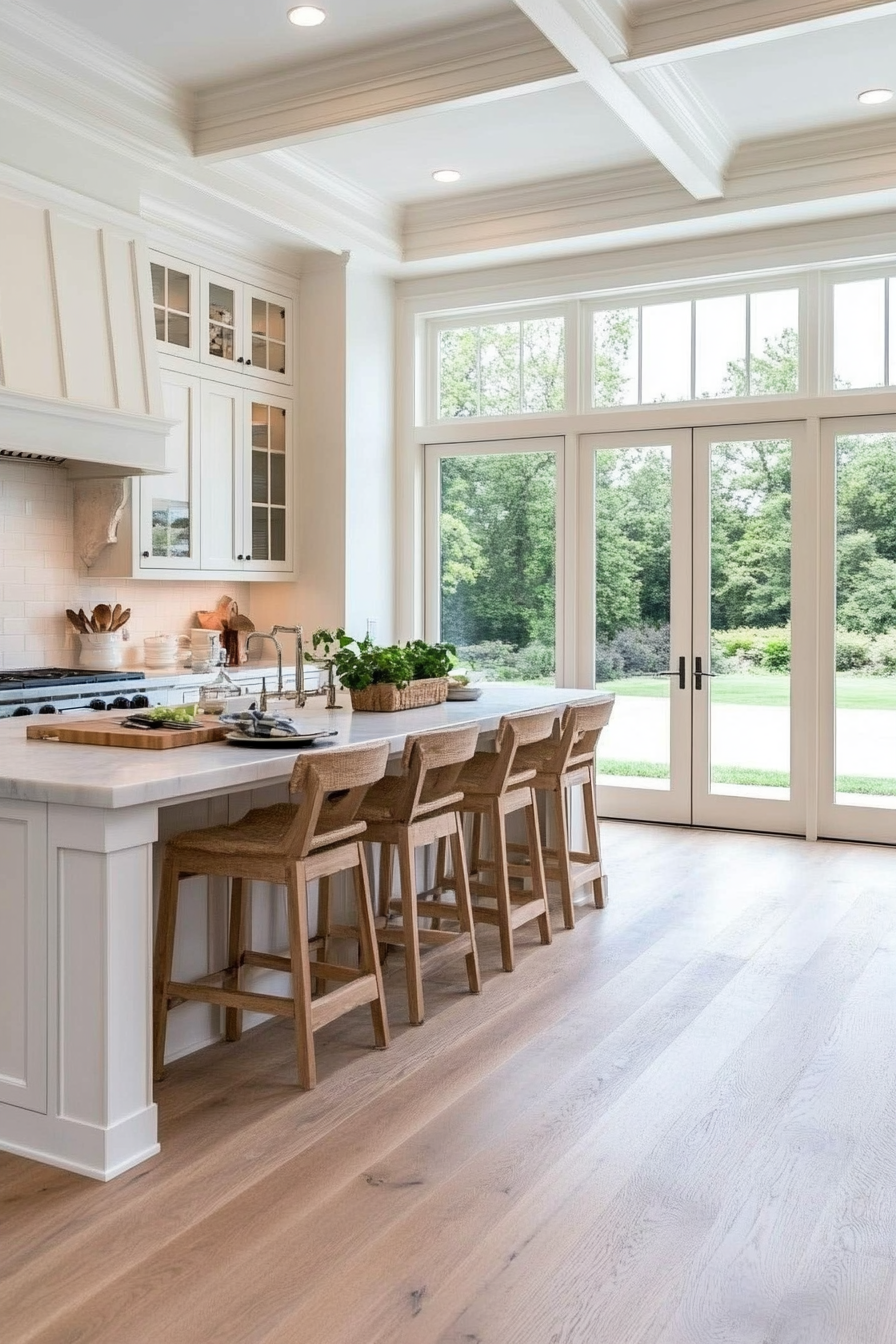 White oak cabinets with distinct grain patterns and white finish