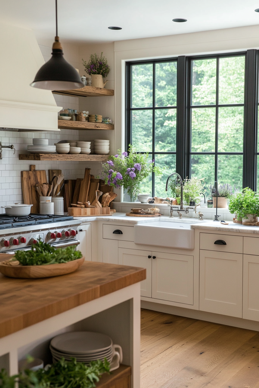 Rustic white cabinets with a distressed look and natural wood accents