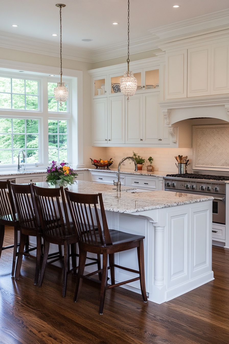 Classic white cabinets with raised panel doors and intricate trim