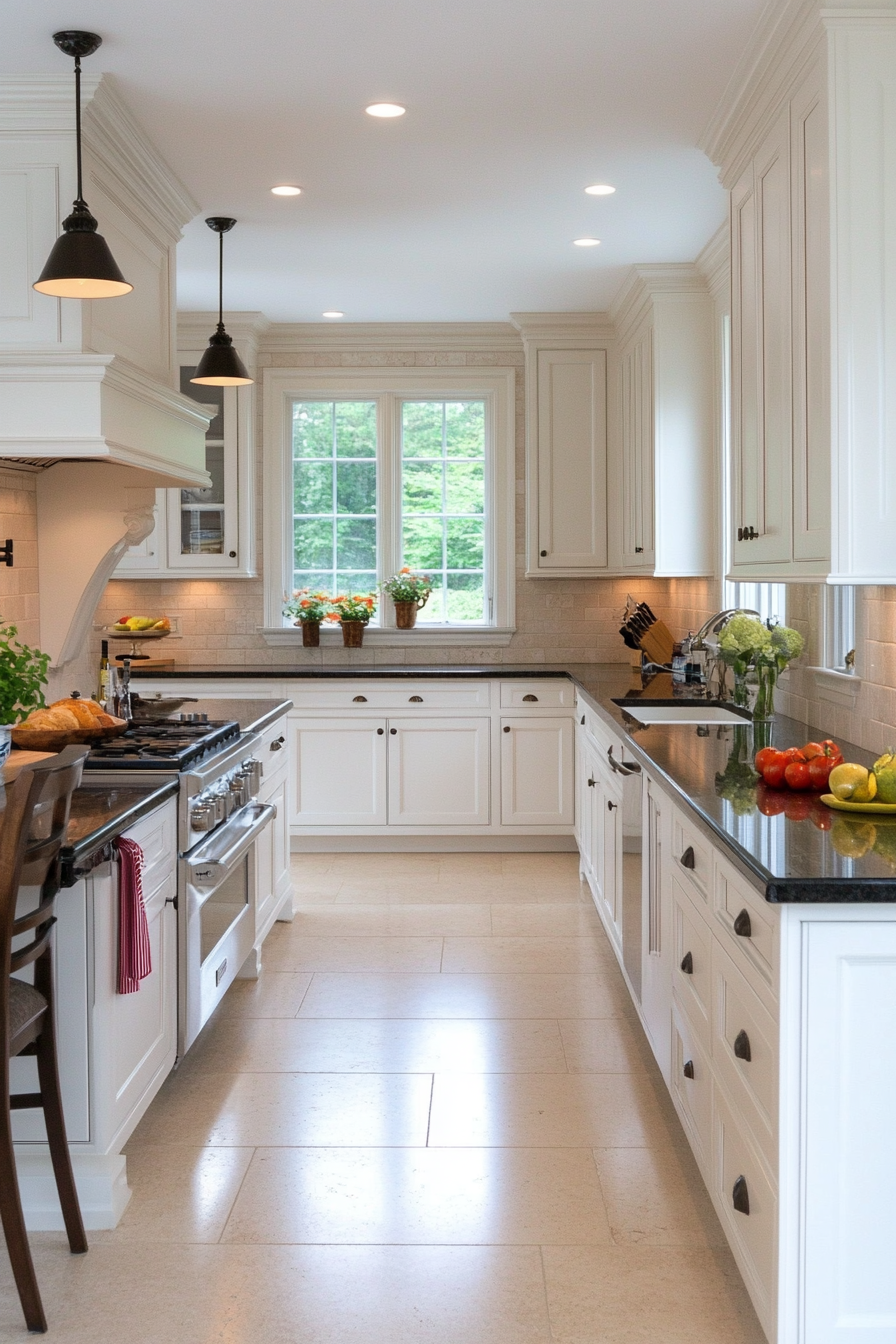 Classic white cabinets with raised panel doors and intricate trim