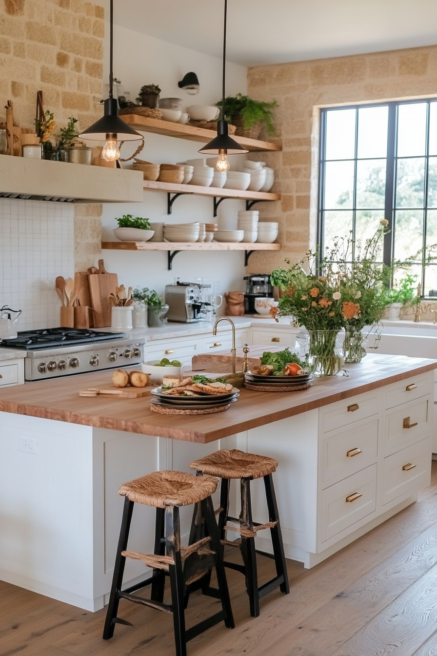 Rustic white cabinets with a distressed look and natural wood accents