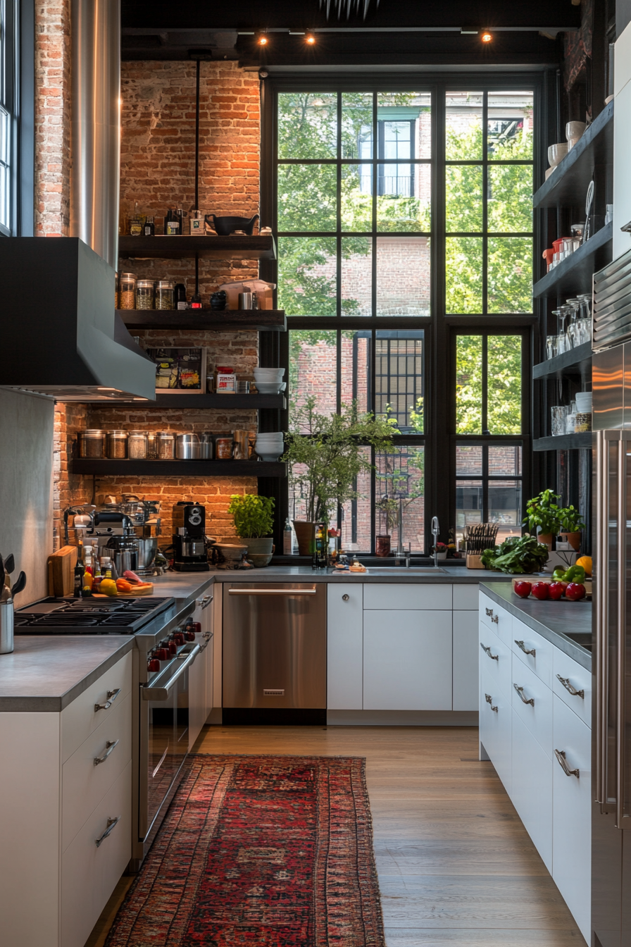 Industrial white cabinets with sleek lines and metal accents