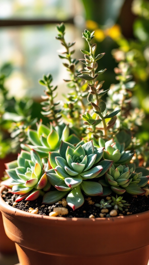 A vibrant arrangement of various succulents in a terracotta pot, showcasing their rich green colors and <a href=