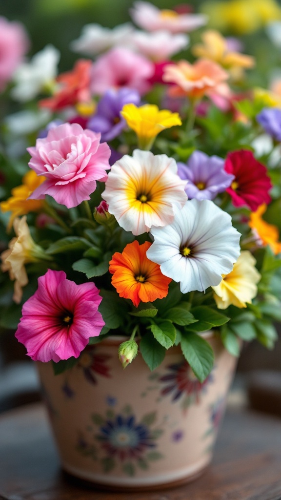 A colorful selection of petunias in a decorative pot.