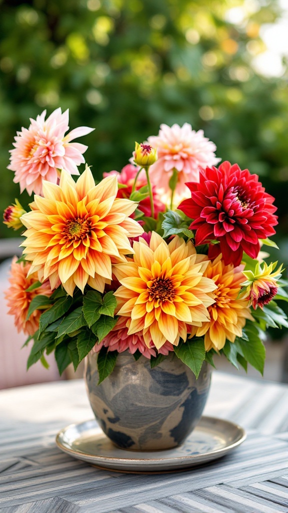 Vibrant centerpiece of dahlias in a decorative bowl