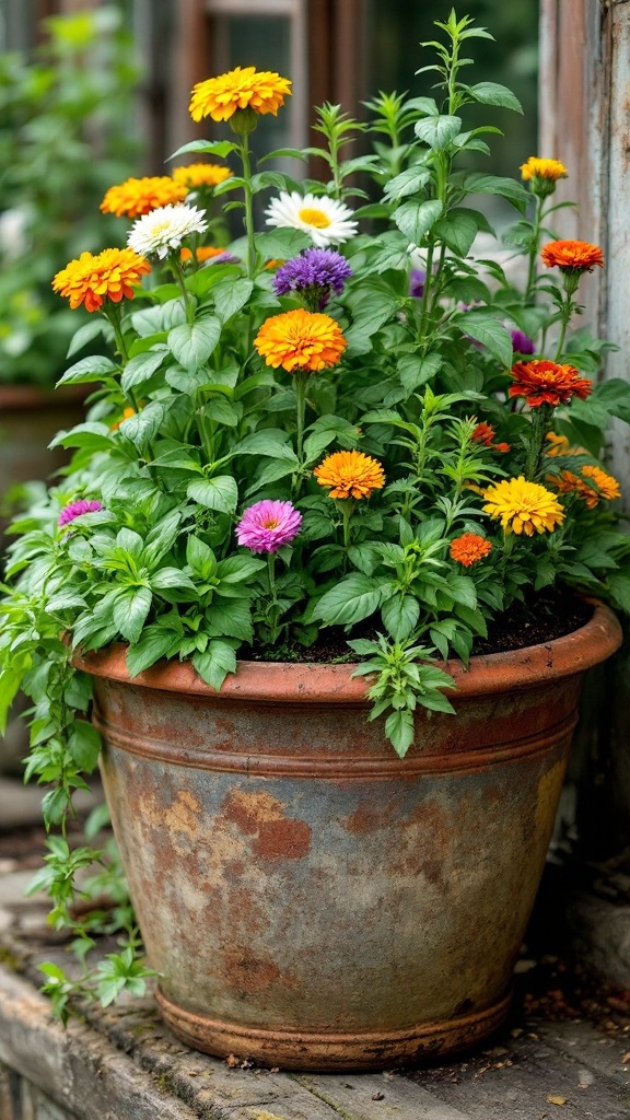 Colorful flower mix in pot with herbs