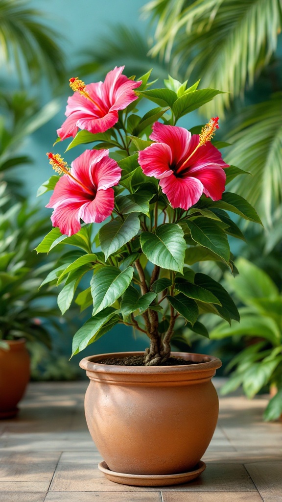 A vibrant tropical hibiscus plant with bright pink flowers in a ceramic pot surrounded by lush green foliage.